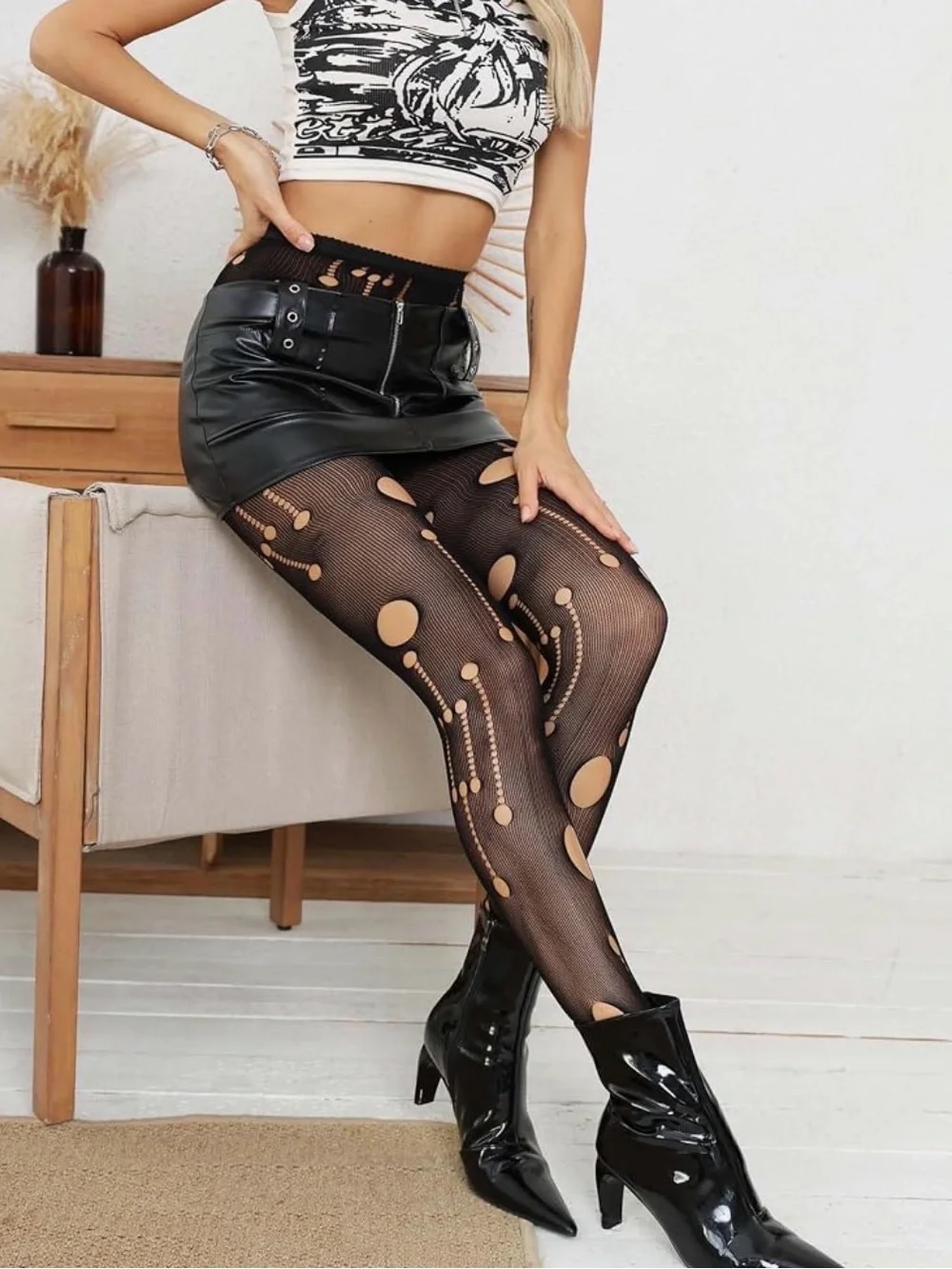 Plus Size Geometric Cutout Sheer Tights Black